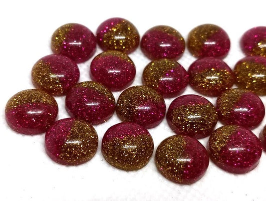 CA691 - 10 pcs Druzy Resin Embellishment Cabochons - 12mm - Glitter Style - Fuchsia Pink with Gold - Bi-Color
