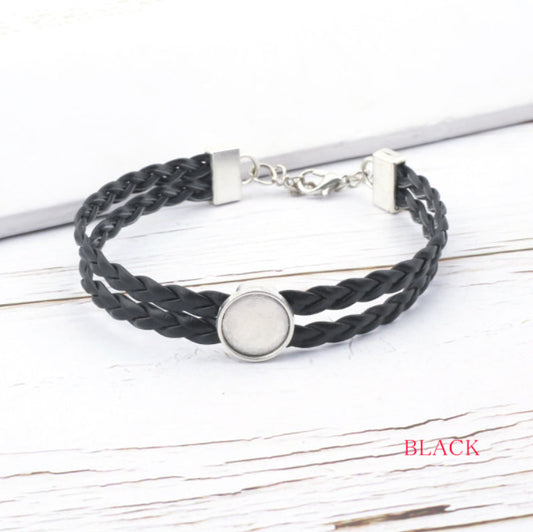B076 - 2 pcs Black Faux Leather Bracelets with 12mm Glue Pad Bezel Trays and Extender Chains - Adjustable from 7" to 9" - Double Braided Cord