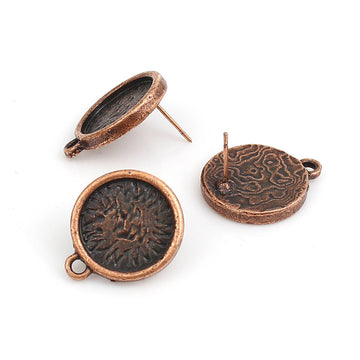 E447 - 10 pcs. Antique Copper Earring Posts Studs Settings Bezels Cabochons Tacks with Loop - 14mm Glue Pad Setting