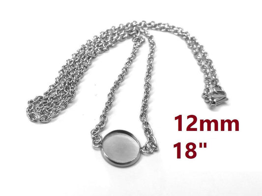 N196 - 3 pcs. 304 Stainless Steel Silver Tone Chain Necklaces - 18" (45.7cm) - 12mm Bezel - Tarnish Resistant!