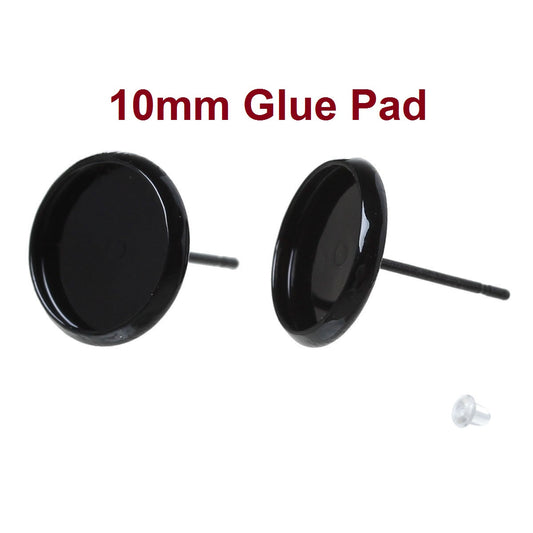 E534B - 30 pcs. Black Earring Posts Studs Settings Bezels Cabochons Tacks- 10mm Glue Pad Setting