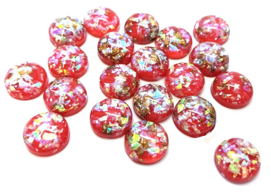 CA1027 - 10 pcs Resin Round Embellishment Circle Cabochons Metal Foil Red, Green, Gold - 12mm - Multi-Color Glitter