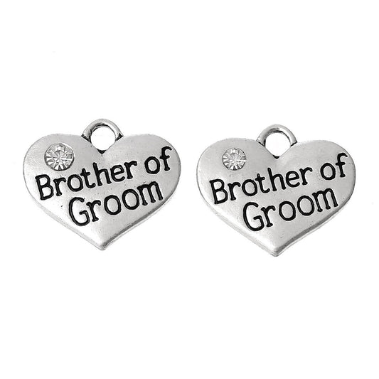 P056 - 4pcs. Antique Silver "Brother of Groom" charm with rhinestone- 16 mm X 14 mm