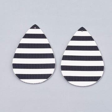 P153 - 10 pcs. Black and White Stripe Faux Leather Dangle Charms Pendants - Teardrop - 56mm (2.2") - Great for Earrings! Double Sided