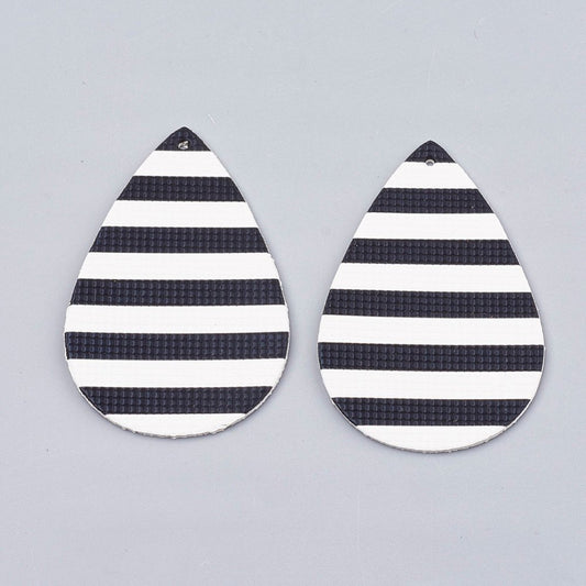 P153 - 10 pcs. Black and White Stripe Faux Leather Dangle Charms Pendants - Teardrop - 56mm (2.2") - Great for Earrings! Double Sided