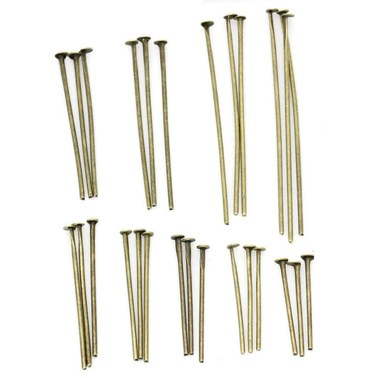 A038 - 900 pcs. Antique Bronze Flat Head Pins - 16mm to 40mm - Assortment Mix - 21 Gauge (0.7mm Thick)