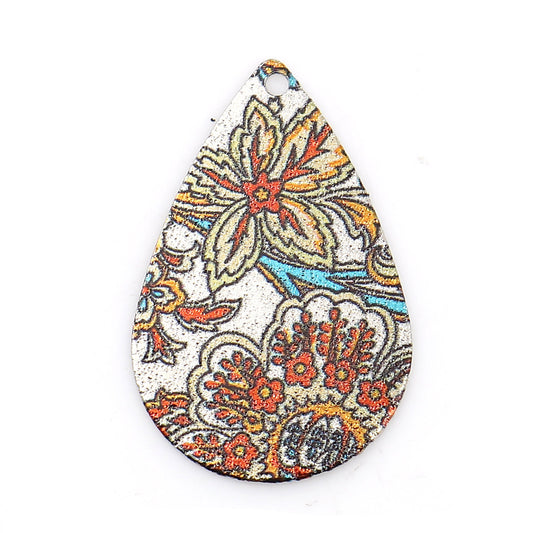 P647 - 10 pcs Silver Tone Multicolor Teardrop Metal Enamel Dangle Charms Pendants - 28mm x 18mm - 1.1" - Flower - For Earrings, Dangles