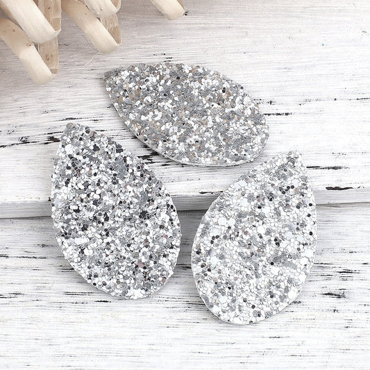 P737 - 10 pcs. Silver Faux Leather Dangle Charms Pendants - Teardrop - 55mm (2.17") - Great for Light Earrings, Necklaces or Dangles! Double Sided