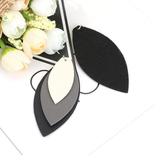 P910 - 10 pcs. Black Gray Beige Faux Leather Dangle Charms Pendants - Leaf - Triple Layer - 71mm (2.8") - Great for Light Earrings or Dangles