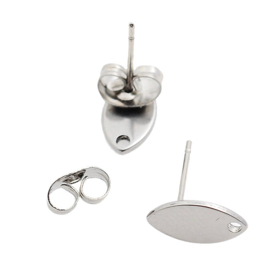 E742 - 10 pcs. (5 pairs) 304 Stainless Steel Oval Earring Posts/Bases/Studs/Settings with Backs - 10mm x 5.5mm - Hole for Dangles - Silver Tone