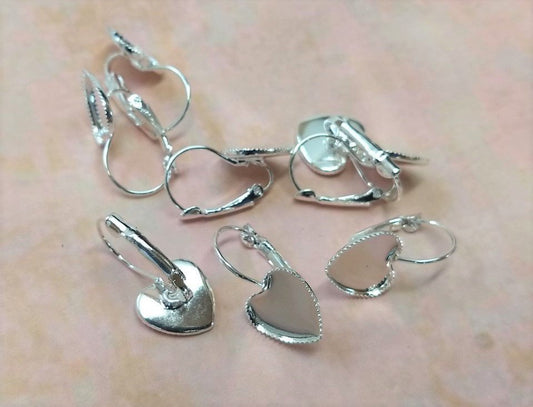 E323 - 10 pcs. Silver Plated Earring Clips Settings Lever Back Bezels Cabochons - 12mm Glue Pad Setting - Heart Shape Bezels
