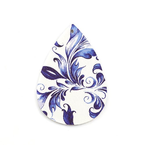 P1046 - 10 pcs. Blue and White Porcelain Faux Leather Dangle Charms Pendants - Teardrop - 56mm (2.2") - Great for Earrings! Double Sided