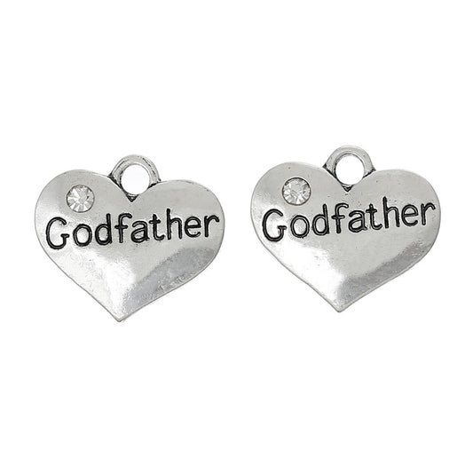 P076 - 4 pcs. Antique Silver "Godfather" charm with rhinestone - 17mm X 14mm