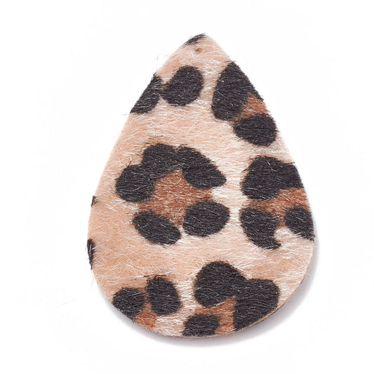 P857 - 10 pcs. Beige Leopard Faux Fur Leather Dangle Charms Pendants - Teardrop - 55mm (2.17") - Great for Light Earrings or Dangles! Double-Sided