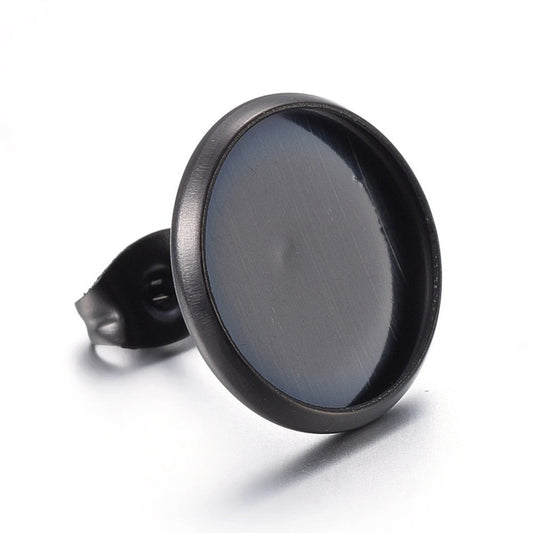 E766 - 10 pcs. 304 Stainless Steel Gunmetal Black Earring Posts Studs Settings Bezels Cabochons Tacks - 12mm Glue Pad Setting
