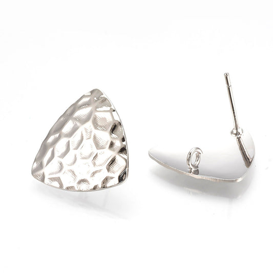 E504 - 10 pcs. (5 pairs) Silver Tone Earring Posts/Bases/Studs/Settings - Hammered Style - Triangle - 16.5mm x 17mm Glue Pad - Hole Size: 2mm