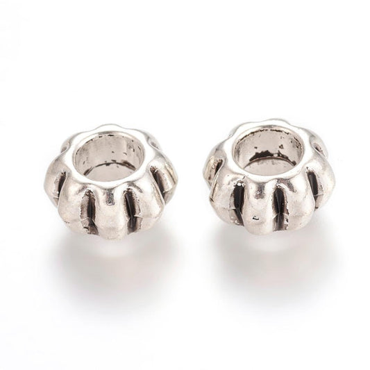 BD694 - 50 pcs Antique Silver Corrugated Striped METAL Rondelle Spacer Beads - 12mm - Large Hole: 5.5mm - Fits European Cords and Paracord!