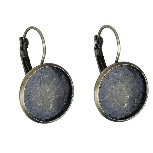 E347 - 10 pcs. Antique Bronze Earring Clips Settings Lever Back Bezels Cabochons - 16mm Glue Pad Setting - Smooth Edge