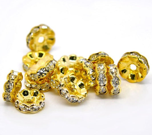 BD247 - 10pcs. Gold Plated Clear Rhinestone Rondelle Spacer Beads - 10mm x 3.8mm