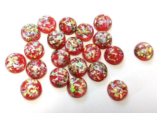 CA1027 - 10 pcs Resin Round Embellishment Circle Cabochons Metal Foil Red, Green, Gold - 12mm - Multi-Color Glitter
