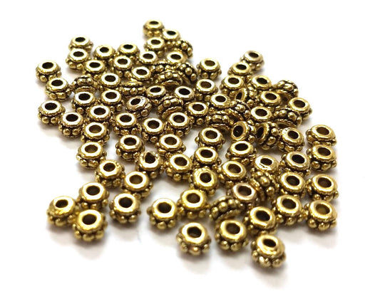 BD679 - 100 pcs Antique Gold Tone Filigree Carved Rondelle Spacer Beads- 5mm x 3mm - Hole Size: 1.8mm