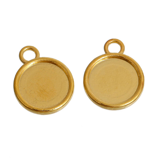 P340 - 10 pcs. Gold Plated Circle Round Bezel Cabochon Pendant Tags Trays - 12mm Glue Pad - 18x14mm - Single Loop - Made of Alloy!