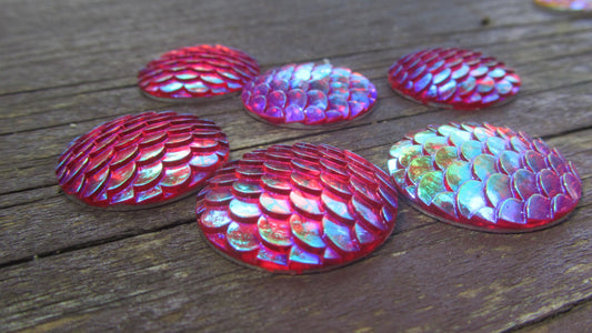 CA467 - 5 pcs Mermaid Fish Scales Resin Carved Embellishment Cabochons Pink Red Multicolor - 25mm (1 in)