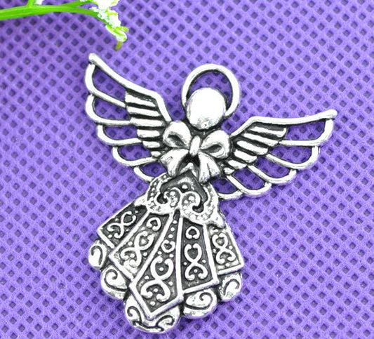 P738 - LARGE - 10 pcs. Antique Silver Angel Charms Pendants - 42mm X 39mm (1.65 inch)