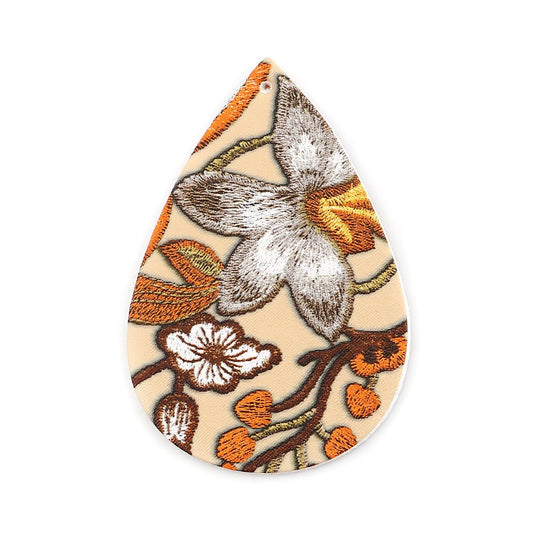 P229 - 10 pcs. Beige, Brown, Orange Floral Embroidered Faux Leather Dangle Charms Pendants - Teardrop - 56mm (2.2") - Double Sided