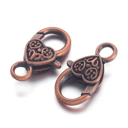 CL146 - 10 pcs. Antique Copper Heart Lobster Clasps - 25mm x 14mm (1 inch) - Claw Clasps