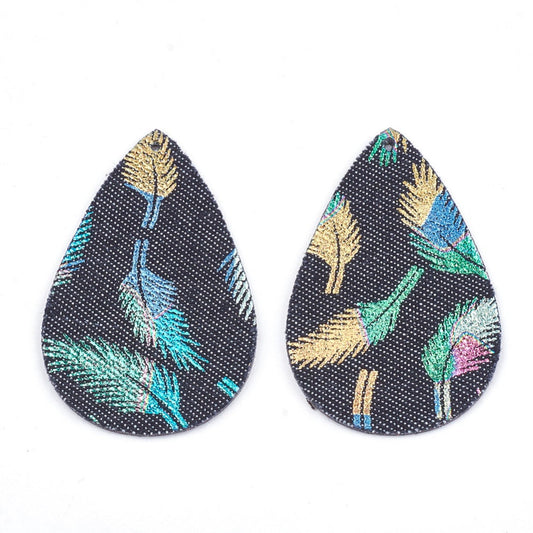 P2061 - 10 pcs. Black with Multicolor Leaves Embroidered Faux Leather Dangle Charms Pendants - Teardrop - 56mm (2.2") - Black Back