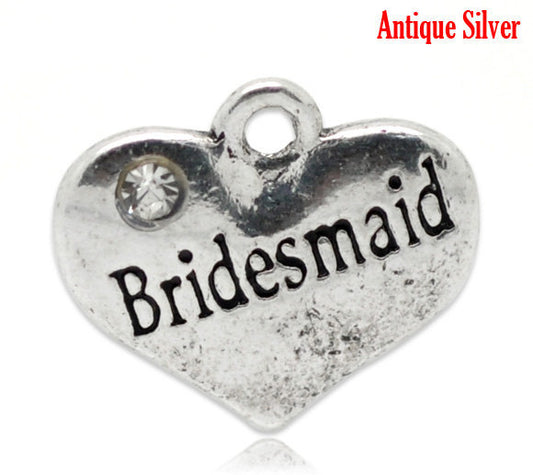 P077 - 10 pcs. Antique Silver "Bridesmaid" heart charm with rhinestone - 16mm x 14mm