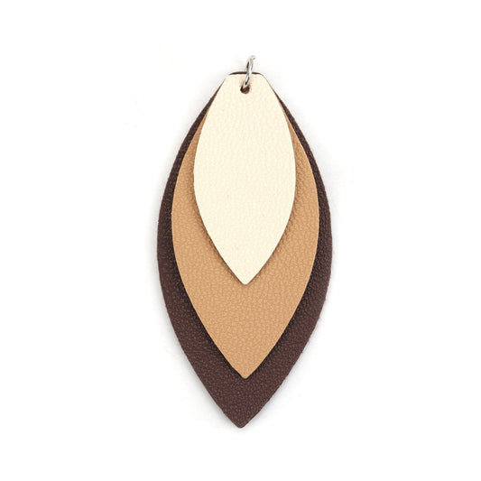 P911 - 10 pcs. Brown Khaki Beige Faux Leather Dangle Charms Pendants - Leaf - Triple Layer - 71mm (2.8") - Great for Light Earrings or Dangles