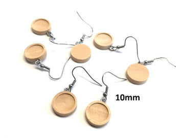 E494 - 10 pcs. Stainless Steel Silver Tone Earring Dangle Hooks Settings Bezels Cabochons - 10mm Glue Pad Setting - Wood Trays - Natural