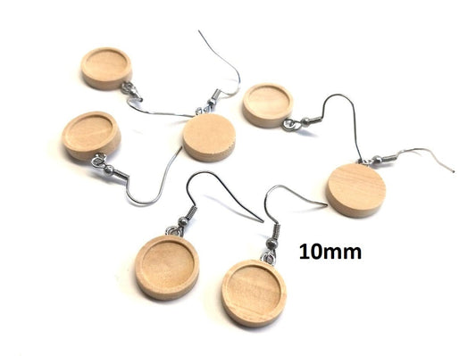 E494 - 10 pcs. Stainless Steel Silver Tone Earring Dangle Hooks Settings Bezels Cabochons - 10mm Glue Pad Setting - Wood Trays - Natural