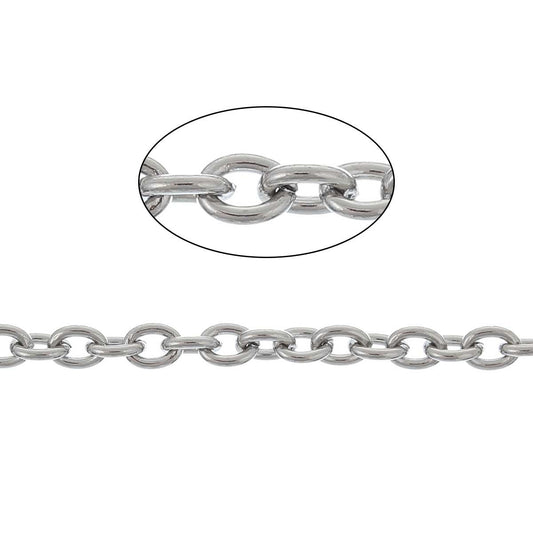 N166 - 2M (6.56ft) - 304 Stainless Steel Silver Tone Cable Chain - 4mm x 3mm Soldered Links - 0.8mm (20 Gauge) - Hypoallergenic! Tarnish Resistant
