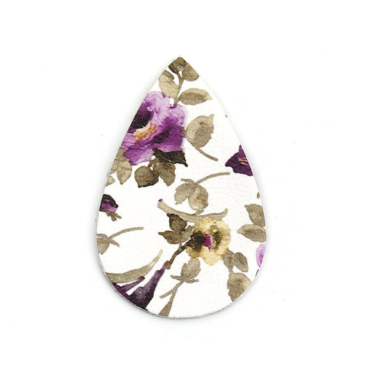 P872 - 10 pcs. White Floral Faux Leather Dangle Charms Pendants - Teardrop - 56mm (2.2") - Double Sided - Great for Earrings, Necklaces or Dangles