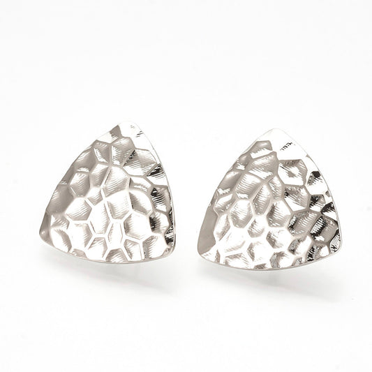 E504 - 10 pcs. (5 pairs) Silver Tone Earring Posts/Bases/Studs/Settings - Hammered Style - Triangle - 16.5mm x 17mm Glue Pad - Hole Size: 2mm