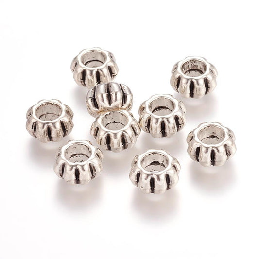 BD694 - 50 pcs Antique Silver Corrugated Striped METAL Rondelle Spacer Beads - 12mm - Large Hole: 5.5mm - Fits European Cords and Paracord!