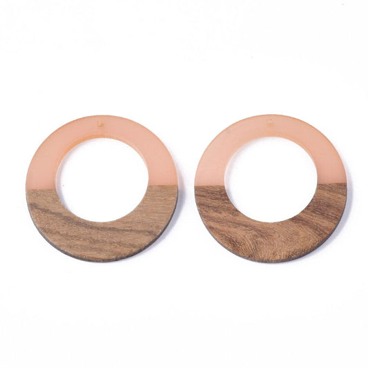 P2005 - 4 pcs. Coral Clear Resin and Wood Hoop Flat Pendant - 49mm - (1.93")- LARGE - Great for Earrings and Necklaces!