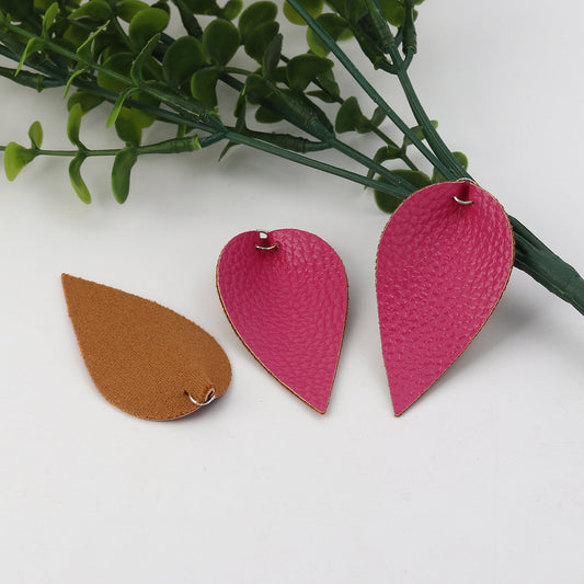 P612 - 10 pcs. Hot Pink Faux Leather Dangle Charms Pendants - Pinch Leaf - Silver Tone Jump Ring - 63mm (2.5") - Great for Light Earrings or Dangles