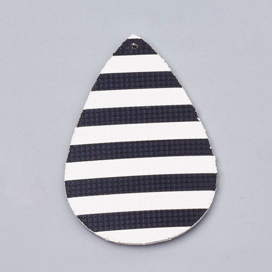 P153 - 10 pcs. Black and White Stripe Faux Leather Dangle Charms Pendants - Teardrop - 56mm (2.2") - Great for Earrings! Double Sided