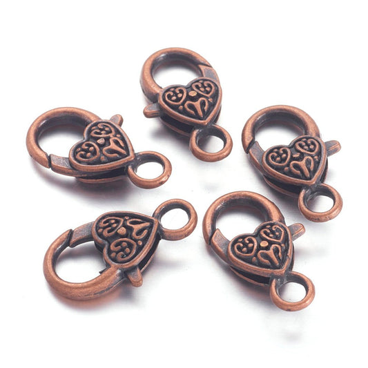 CL146 - 10 pcs. Antique Copper Heart Lobster Clasps - 25mm x 14mm (1 inch) - Claw Clasps