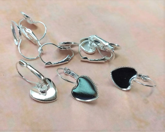 E323 - 10 pcs. Silver Plated Earring Clips Settings Lever Back Bezels Cabochons - 12mm Glue Pad Setting - Heart Shape Bezels