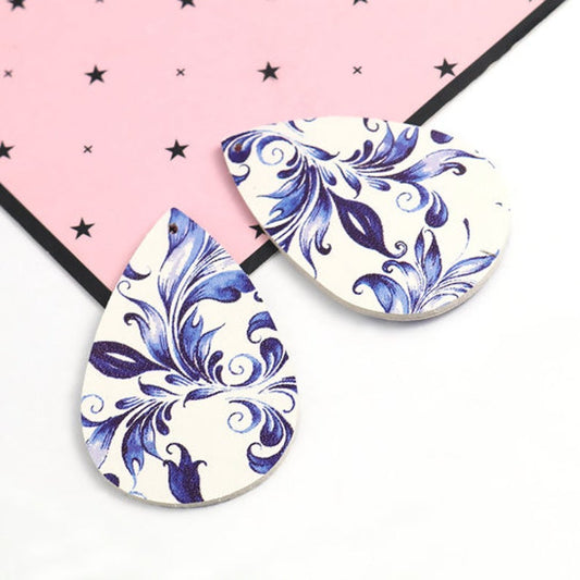 P1046 - 10 pcs. Blue and White Porcelain Faux Leather Dangle Charms Pendants - Teardrop - 56mm (2.2") - Great for Earrings! Double Sided