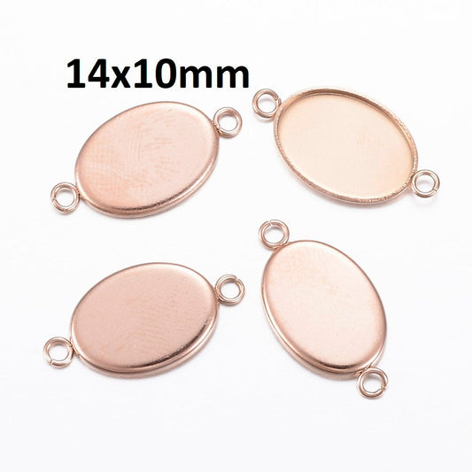 P369 - 10 pcs. 304 Stainless Steel Rose Gold Oval Bezel Cabochon Cameo Connector Tags Trays - 14mm x 10mm Glue Pad - Tarnish Resistant!