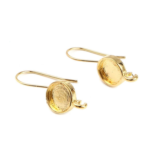 E900 - 4 pcs. Gold Plated Earring Hooks Settings Bezels Cabochons - 8mm Glue Pad Setting - with Loop