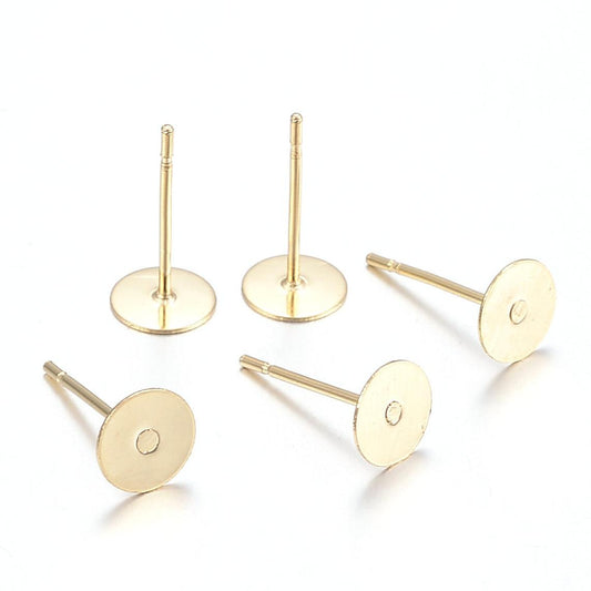 E767 - 20 pcs. (10 pairs) 304 Stainless Steel Golden Earring Posts/Bases/Studs/Settings with Rubber Backs - 12mm x 10mm - 10mm Glue Pad