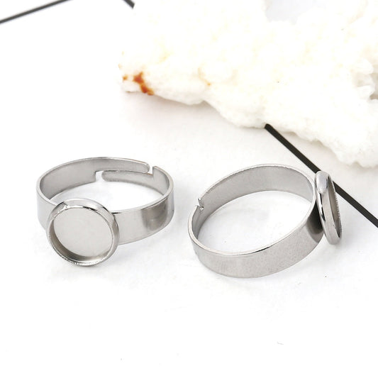 RB039 - 5 pcs. 304 Stainless Steel Silver Tone ADJUSTABLE Cabochon Setting Bezel RING bases settings - Ring Size 6.5 US - Glue Pad 8mm