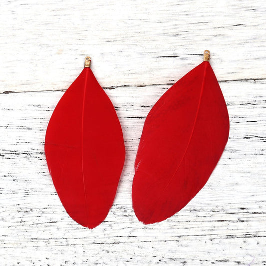 E489 - 10 pcs Red Dangle Charms Pendants - Feather - Gold Plated Crimps - 85mm (3/4") - Great for Light Earrings or Dangles!